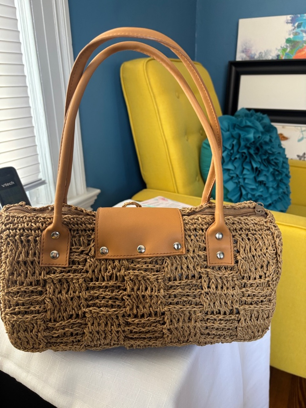 Tan Woven Straw Shoulder Bag - Picture 2 of 2
